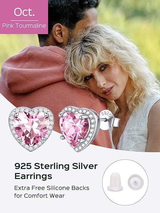 ChicSilver 925 Sterling Silver Birthstone Earrings for Women, 8MM/2 Carat Heart & Round Cubic Zirconia Stud Earrings, Hypoallergenic Jewelry, Ideal Birthday or Christmas Gifts