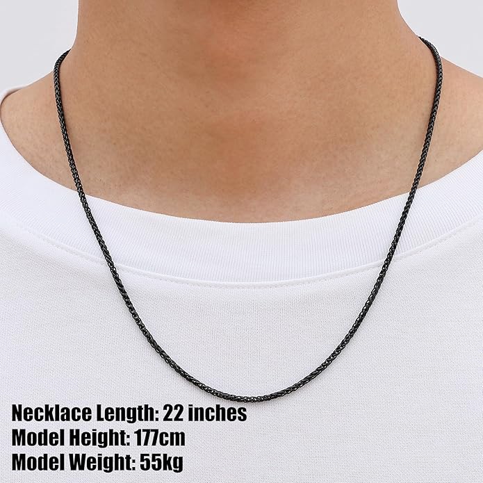 Fiusem Wheat Chains for Men and Women, 2/2.5/3/4/5mm Silver Tone/14K Gold Plated/Black Necklace Chain, Stainless Steel Mens Necklace 16-28 Inch