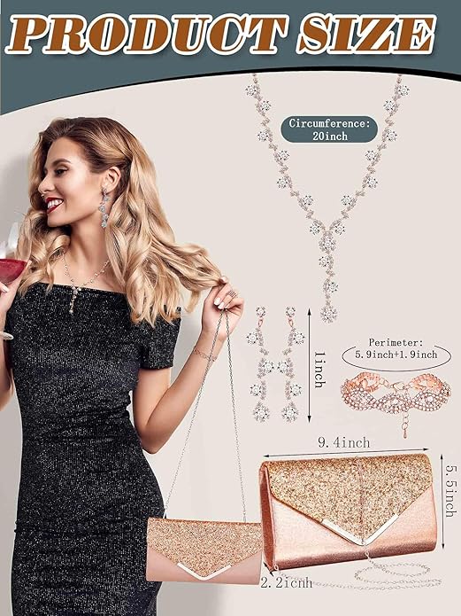 Henoyso 5 Pcs Purse Rhinestone Jewelry Set Prom Jewelry Rhinestone Clutch Purse Necklace Earrings Bracelets for Women Bride