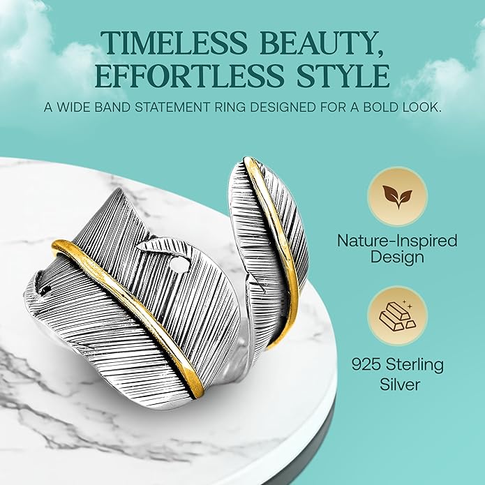 Boho-Magic 925 Sterling Silver and Brass Feather Ring for Women – Adjustable Nature-Inspired Leaf Wrap, Handmade Two-Tone Wide Band Statement Ring – Fits Sizes 7 to 10 – Modern Jewelry