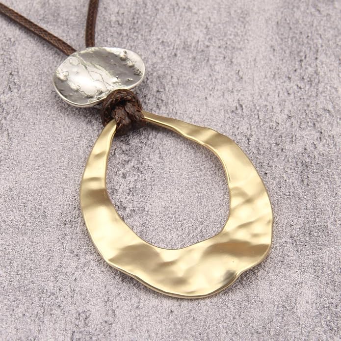Long Boho Necklaces for Women Vintage Leather Wooden Pendant Y Choker Ethnic Style Gold Circle Hippie Sweater Necklace