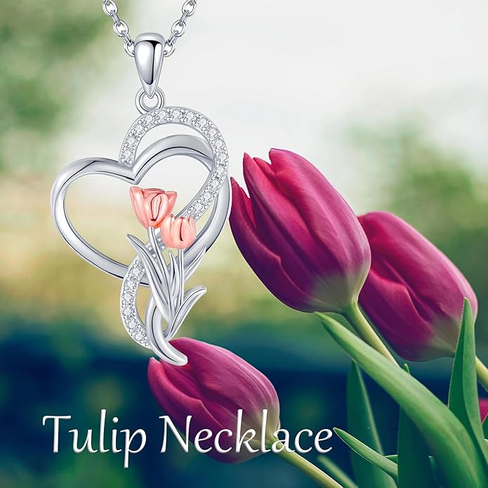 Tulip Sunflower Rose Lily of the Valley Sterling Silver Flower Heart Pendant Necklace Gifts for Women Mother Flower Lover