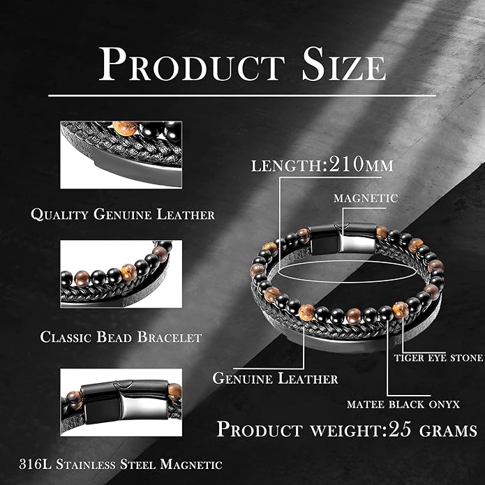 Mens Tiger Eye Matee Black Onyx Lava Rock Volcanic Stone Beaded Bracelet, Black Braided Leather Bracelet for Men