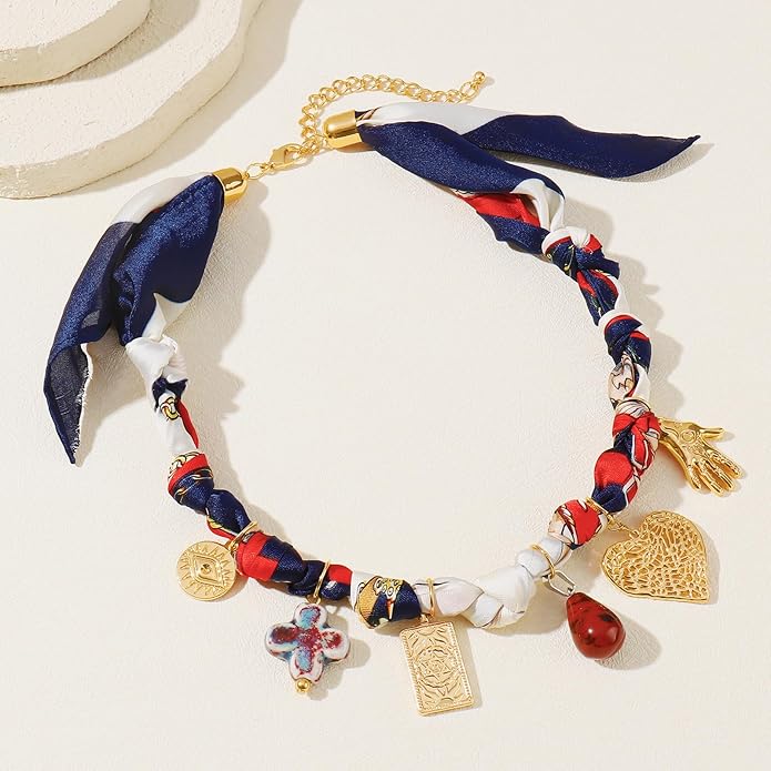 Coiris Charm Scarf Necklace for Women Boho Fabric Bandana Choker Vintage Heart Predent Beach Necklace for Women
