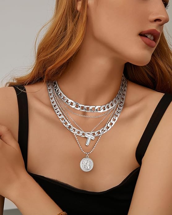 MJartoria Layered Necklaces for Women Trendy Balloon Initial Coin Pendant Necklace Dainty Chunky Chain Choker Necklaces Jewelry Birthday Gifts