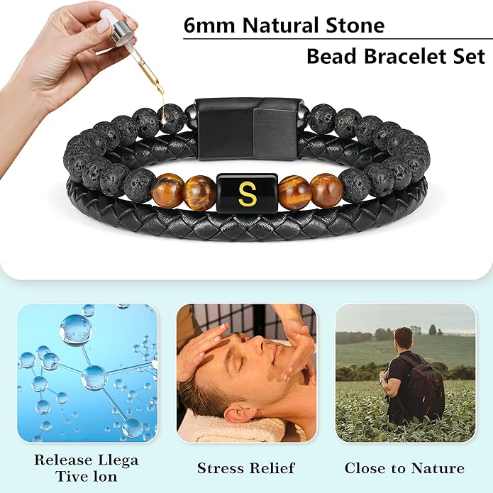 LUXEJEW Gifts for Men - Mens Bracelet, Beaded Leather Initial Bracelet 6mm Matte Agate Stone Handmade Bracelets Adjustable Stainless Steel Magnetic Clasp Mens Jewelry Gifts