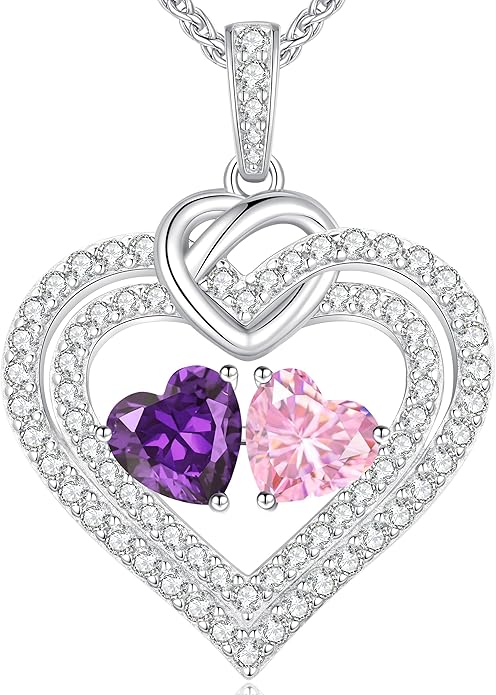 LOUISA SECRET Sparkling Double Heart Birthstone Necklaces for Women, 925 Sterling Silver Fine Jewelry, Pendant Heart Necklaces Birthday Anniversary Christmas Gift for Women Wife Mom Girlfriend Lady