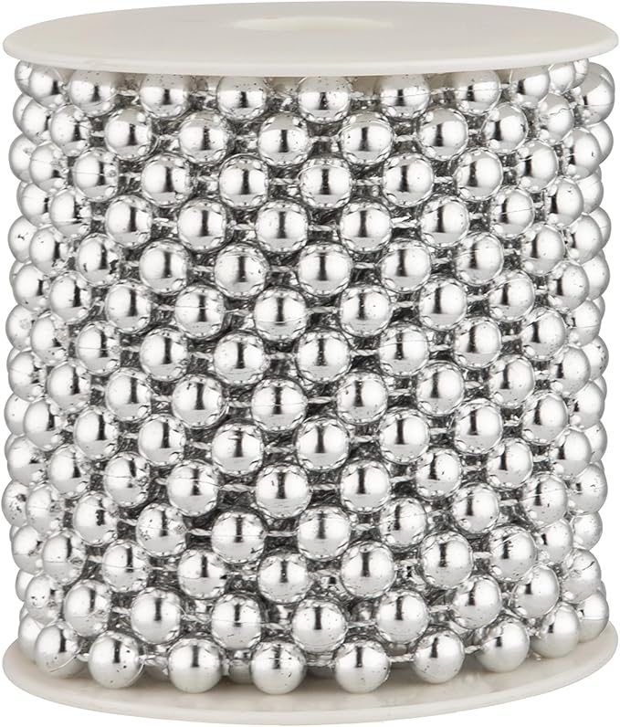 8mm Pearl Garland, 33 Feet Faux Pearl Garland Spool Roll for Wedding Centerpiece Backdrop Christmas Tree and Flowers Decoration DIY Craft （Silver）
