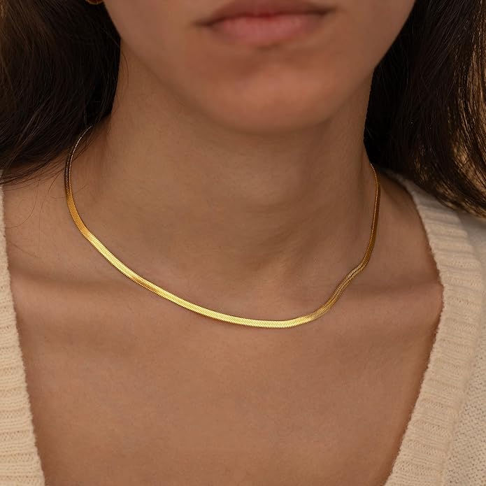 CHESKY Gold Necklace for Women-14K Gold Plated/Sterling Silver Plated Snake Chain Necklace Dainty Simple Chunky Herringbone Necklace Choker Necklaces Jewelry for Women