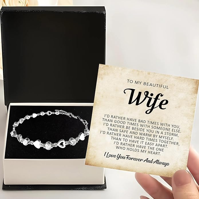 To My Wife Crystal Heart Bracelet Gift From Husband, Beautiful Wife Jewelry For Anniversary, Birthday, Christmas, Valentine’s Day, Bracelet For Her With Heartfelt Message & Elegant Box