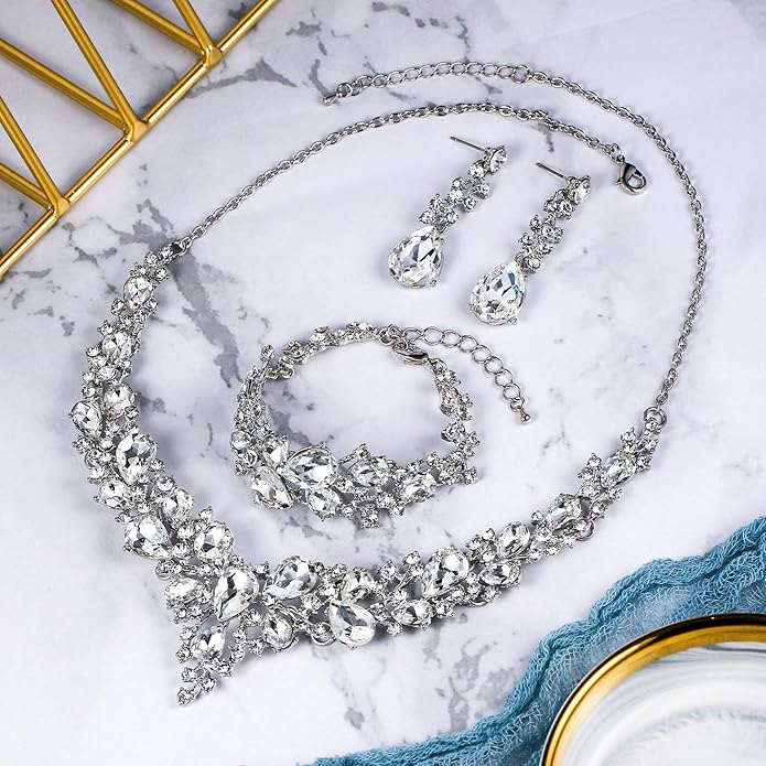 BriLove Wedding Bridal Jewelery for Women Austrian Crystal Teardrop Cluster Statement Necklace Dangle Earrings Link Bracelet Set