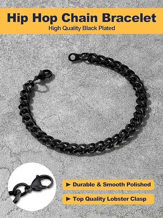 U7 Link Bracelets for Men, Cuban Link/Rope/Watch Band Solid Bracelet, Silver Black Gold Color Wrist Bracelet 3/6/9/12/15mm Width, 6.5/7.5/8.3 Inch Length, Hand Chain Jewelry for Mens Women