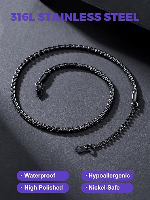 Richsteel Stainless Steel Mens Flat Link Chain Necklace, Black/Gold/Steel Chain for men, 2mm/4mm/6mm Width, No Tarnish & Hypoallergenic Hip Hop Jewelry, 18"-30" Length