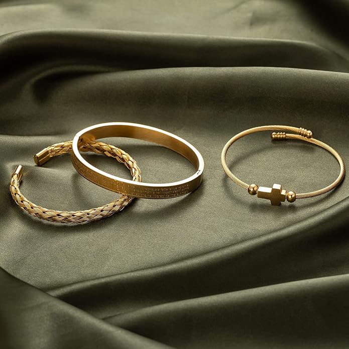WFYOU 3PCS Stainless Steel Bracelets for Men Gold Roman Numeral Bangle Bracelet Twisted Cable Bracelet Adjustable Cuff Bracelet Mens Luxury Jewelry Bracelets Gifts