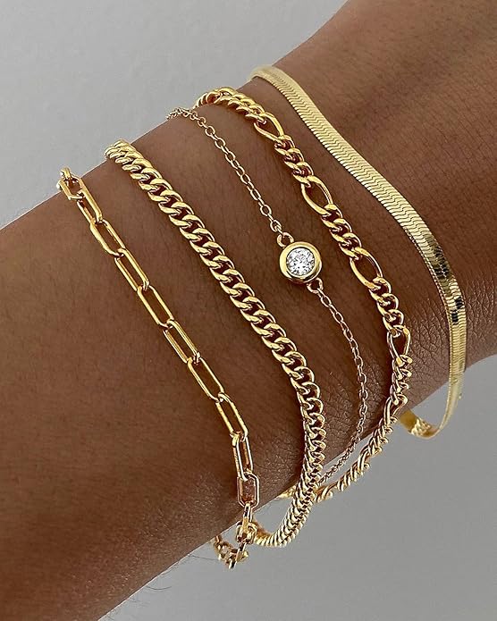 DEARMAY Waterproof Gold Plated Bracelets Set for Women Trendy, Dainty 14K Gold Jewelry Fashion Stackable Tennis Beaded Figaro Herringbone Paperclip Link Bracelet Pack Stack Gifts for Women