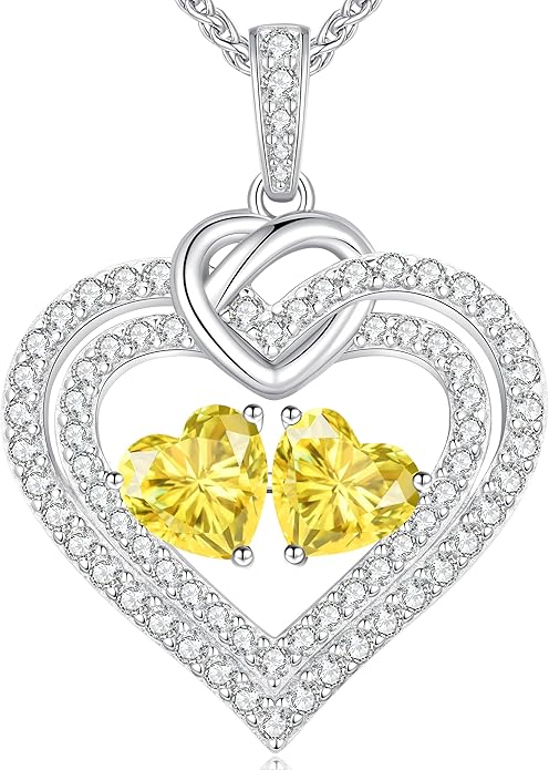 LOUISA SECRET Sparkling Double Heart Birthstone Necklaces for Women, 925 Sterling Silver Fine Jewelry, Pendant Heart Necklaces Birthday Anniversary Christmas Gift for Women Wife Mom Girlfriend Lady
