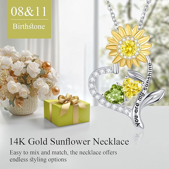 PERJI Valentine's Day Gifts for Women - 925 Sterling Silver Double Birthstone Sunflower Necklace, Anniversary Birthday Jewelry You are My Sunshine Gifts for Wife Couple Girlfriend 18"+2" Non Tarnish