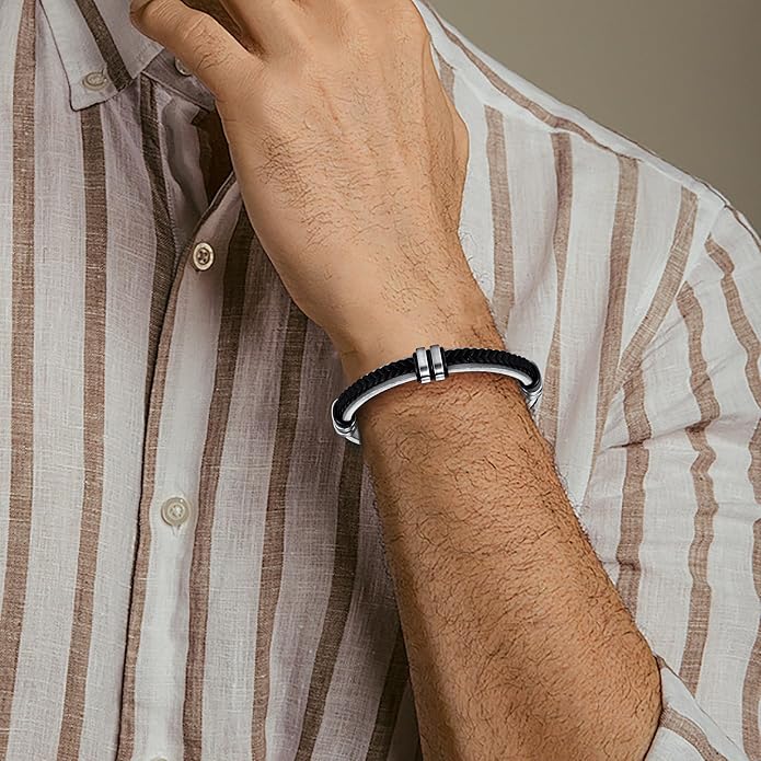 Leather Bracelet for Men with Adjustable Stainless Steel Magnetic Clasp Multi-Layer Braided Mens Leather Bracelet