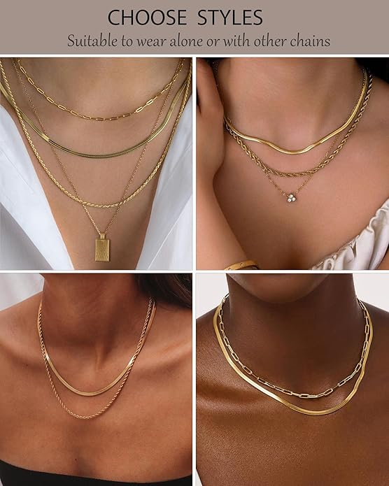 Layered Gold Silver Necklace for Women Non Tarnish,Dainty Choker Statement Chunky Necklace Stack Charm Pendant Chain Necklace Set 14K Gold Plated Long Stacked Womens Necklaces Trendy Jewelry Gift