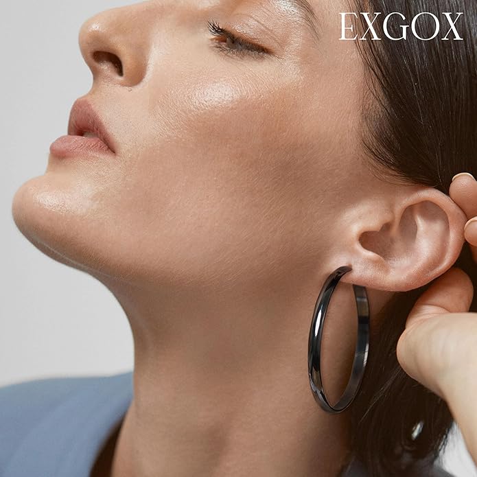EXGOX 5mm Wide Gold Hoop Earrings for Women,Sterling Silver Hoop Earrings Large Silver Hoop Earrings Hypoallergenic Lightweight 14K Real Gold Plated Big Hoop Earrings for Women 30/40/50/60/70mm