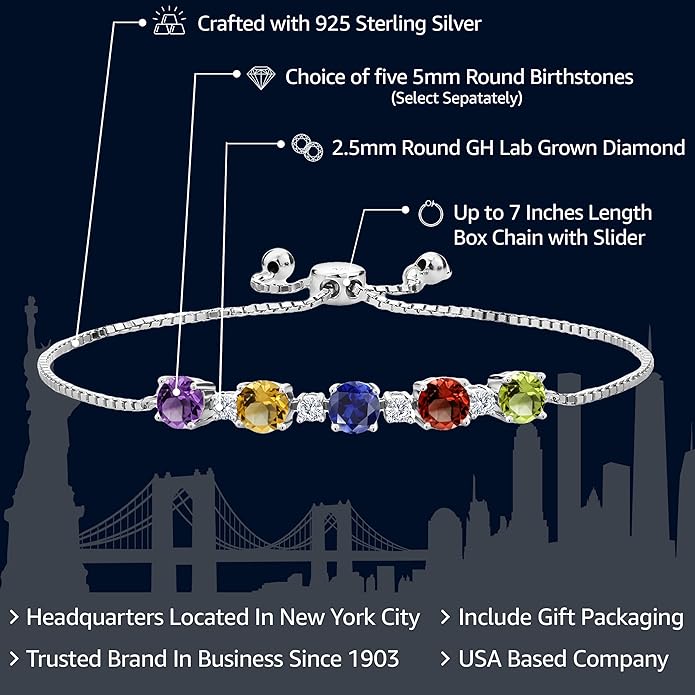 Gem Stone King 925 Sterling Silver Customized and Personalized Round Gemstone Birthstone Tennis Bracelet For Women | Adjustable Bolo Bracelet For Women | Easy-On Easy-Off