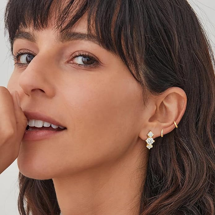 3Pairs Small Gold Huggie Hoop Earrings for Women,Romantic heart,Twisted braid two colors,3 CZ Hoop,5 Round Zircon Sport Hoops Earrings Set,14K Gold Filled Silver Hypoallergenic Earring Excellent gift