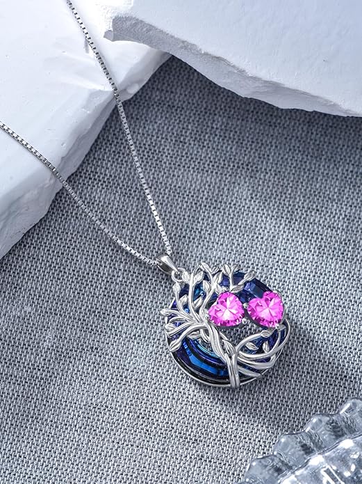 TOUPOP s925 Sterling Silver Family Celtic Tree of Life Pendant Necklaces with 2 Heart Birthstone with Blue Austrian Crystal Jewelry Birthday Anniversary Christmas Gifts for Her Wife Girlfriend Mom (18K Real White Gold Filled)