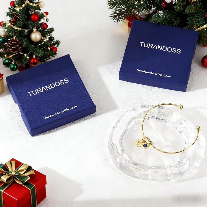 Turandoss Christmas Gifts for Grandkids, Dainty 14K Gold Plated 12 Months Disc Initial Birthstone Heart Knot Bangle Bracelet Birthday Bridesmaid Bracelet Jewelry for Women Girls