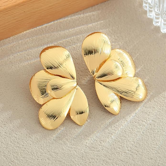 Chunky Gold Statement Earrings For Women Gold Plated Sectored Flower Leaf Shell Angel Wing Earrings Large Stud Earrings Hypoallergenic Earrings