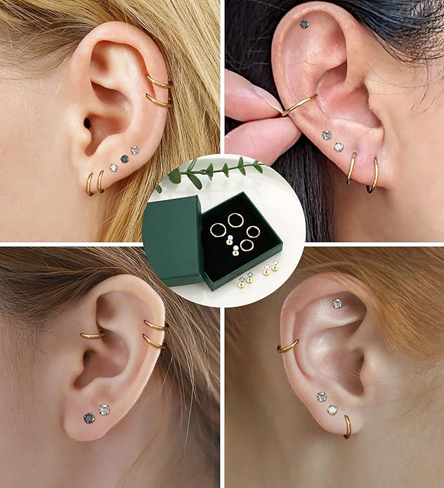 MJust Titanium Earrings for Sensitive Ears 20G Hypoallergenic Stud Hoop Earrings for Women Men Opal Ball CZ Heart Pearl Flat Back Earrings Cartilage Earrings Set