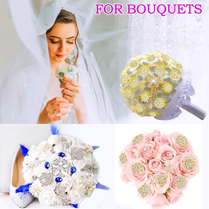 Yhsheen Gold Rhinestone Brooches Pin Kits Crystal Pearl Brooches for Bouquets for Wedding Decoration Accessories Jewelry Making Crafts(Gold-14PCS)-C