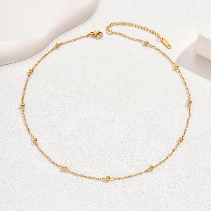 Dainty Chain Necklace for Women, 18K Gold Plated Coin Disc Choker Necklaces Simple Satellite Beaded Twisted Thin Paper Clip Chain Everyday Jewelry Gifts