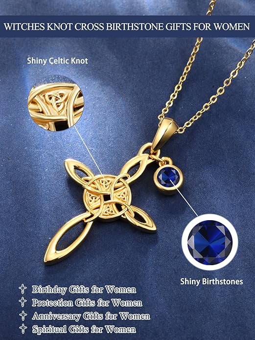 Witches Knot Necklace for Women, 14K Gold Celtic Knot Cross Jewelry with Triquetra Trinity with Birthstone Pendant, Birthday Witchy Spiritual Gifts for Her Wife Mom Grandma, 18+2 Inch Chain