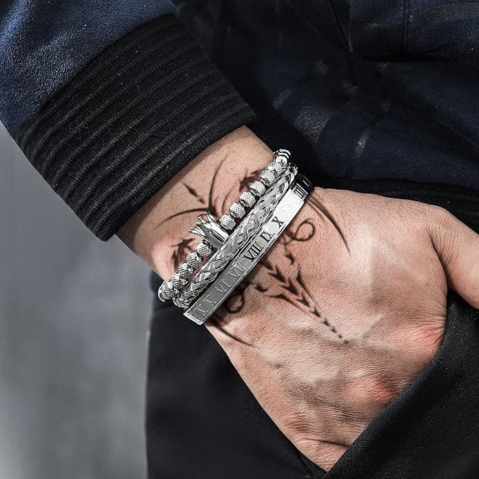 WFYOU 3PCS Stainless Steel Bracelets for Men Gold Roman Numeral Bangle Bracelet Twisted Cable Bracelet Adjustable Cuff Bracelet Mens Luxury Jewelry Bracelets Gifts