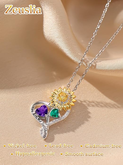 Zeuslia Double Birthstone Necklace Gifts for Wife - 925 Sterling Silver Sunflower/Rose/Crown Cross/Compass/Heart Pendant I Love You Necklace, Anniversary Birthday Gifts for Wife Girlfriend Mom Her