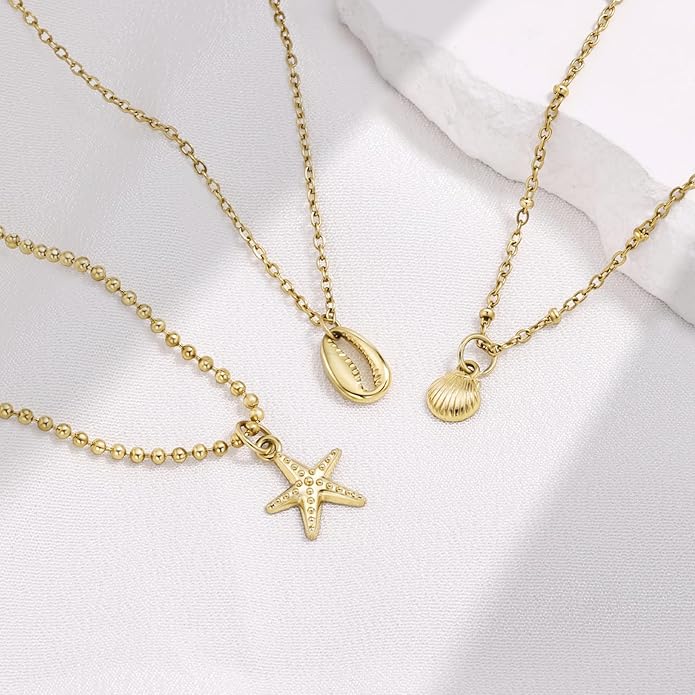 Shell Necklace for Women,14k Gold Plated Layered Starfish Conch SeaShell Pearl Pendant Charm Necklace,Non Tarnish Adjustable Stainless Steel Chain Stack Jewerly for Summer Beach Vacation