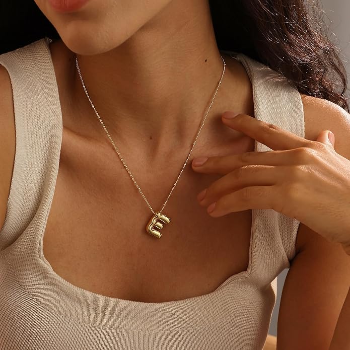 Initial Necklaces for Women, 14k Gold Plated Bubble Letter Necklace Chunky Gold Necklace Dainty Charm Initial Necklaces for Women Trendy Custom Preppy Stocking Stuff Necklace Christmas Gifts
