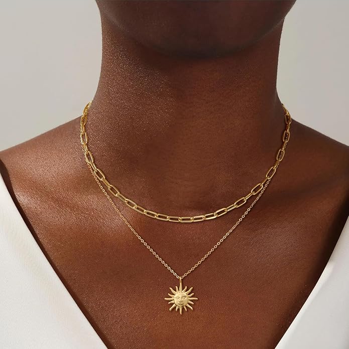 CHESKY Layered Necklaces for Women Trendy, Dainty 14k Gold Plated Pendant Necklace Layering Necklace for Women Non Tarnish Hypoallergenic Sun Gold Necklace Stack Gold Jewelry for Women Gifts