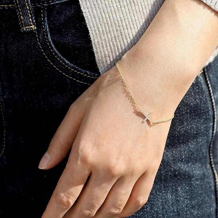 Moodear Christmas Gifts Sotcking Stuffers, Dainty 925 Sterling Silver/14k Gold Plated CZ Cross Bracelet Layered Snake Pearl Chain Knot Bracelets for Women Trendy Religious Christian Jewelry