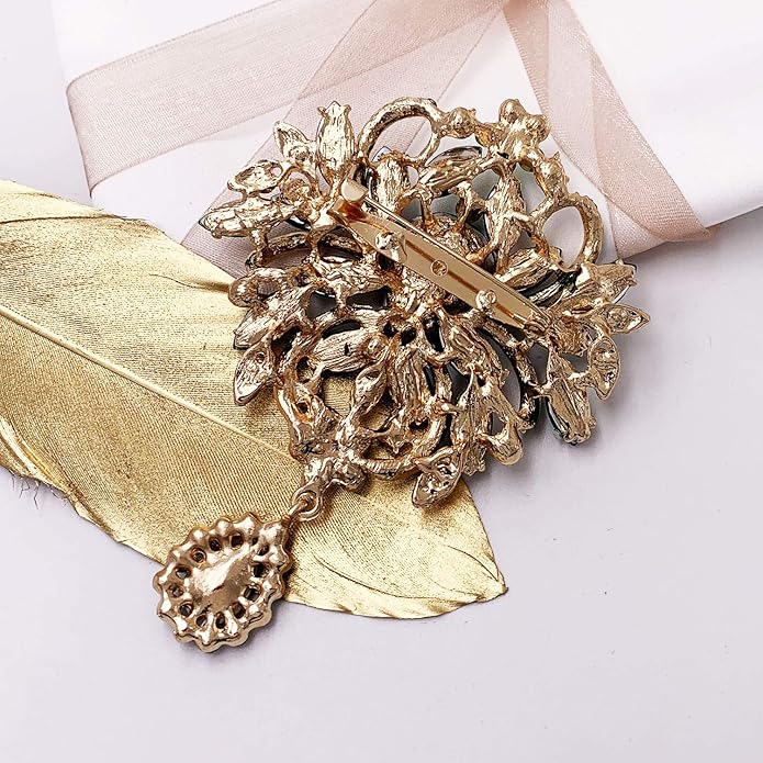 LAXPICOL Wedding Bridal Big Brown Crystal Rhinestone Bouquet Brooch Pin for Women Golden Tone