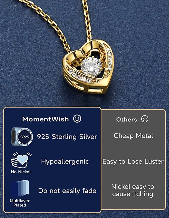 MomentWish Dancing Heart Necklace for Women, 0.5/1 Carat Dancing Moissanite Necklace for Her 925 Sterling Silver Pendant Anniversary Birthday Christmas Gift for Wife Mom Girlfriend