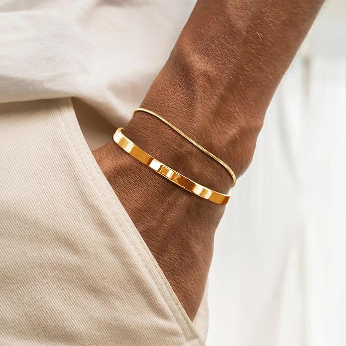 Moodear Stackable Bracelets for Men - Dainty 925 Sterling Silver/14K Gold Plated Cuff Snake Box Cuban Link Chain Bangle Bracelet Set Mens Jewelry