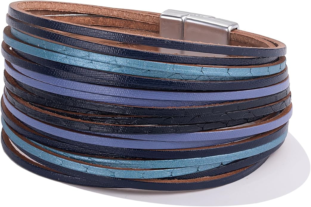 FANCY SHINY Boho Leather Wrap Bracelet Stackable Layered Bangle Cuff with Magnetic Clasp