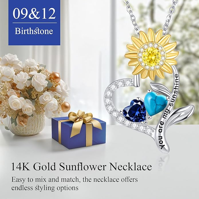PERJI Valentine's Day Gifts for Women - 925 Sterling Silver Double Birthstone Sunflower Necklace, Anniversary Birthday Jewelry You are My Sunshine Gifts for Wife Couple Girlfriend 18"+2" Non Tarnish