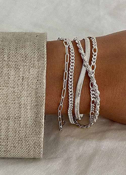 DEARMAY 14K Gold Plated Bracelets for Women Waterproof, Jewelry Sets Trendy Thin Dainty Stackable Cuban Link Paperclip Chain Bracelet Pack Fashion Accessories Gifts for Womens