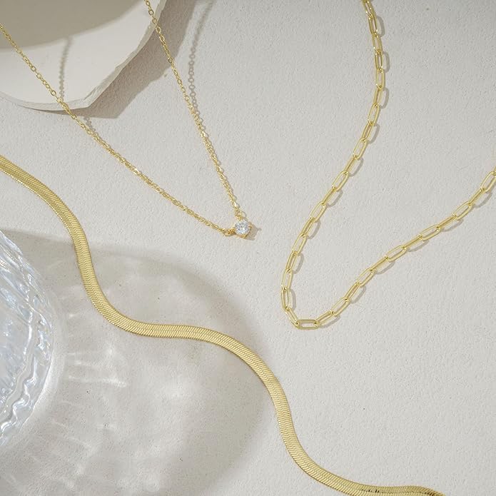 Layered Gold Necklace for Women Dainty 14K Gold/Silver Plated Stacked Necklace for Women Trendy Cuban Paperclip Herringbone Chain Diamond Pendant Necklaces Jewelry Set Accessories Gift