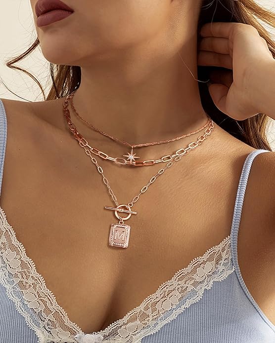 MJartoria Layered Initial Necklaces for Women Trendy, 14K Gold Plated Brass Simple Star Choker Square Letter Pendant Necklace, Paperclip Chain Necklaces Jewelry Gifts