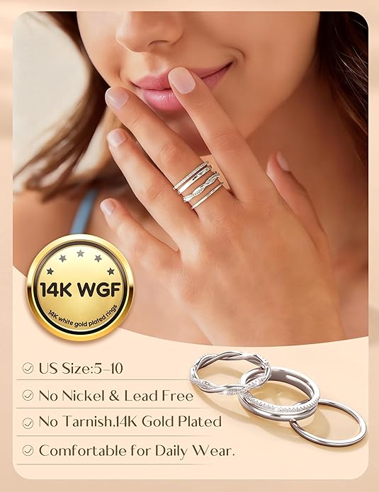 Florideco 14K Gold Plated Stackable Rings for Women Non Tarnish Dainty Cubic Zirconia Ring Set Minimalist Wedding Bands Ring Stack Statement Engagement Promise Thumb Rings Size 5-10