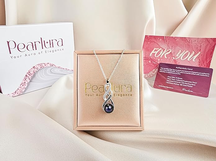 PEARLURA Natural AAA+ 9mm Natural Black pearl necklace for women - Real pearl necklace (18k gold platted 925 sterling Silver)- Gifts For Wife Wedding Anniversary - cultured pearl necklaces for women - necklace for wife birthday - jewellery for women