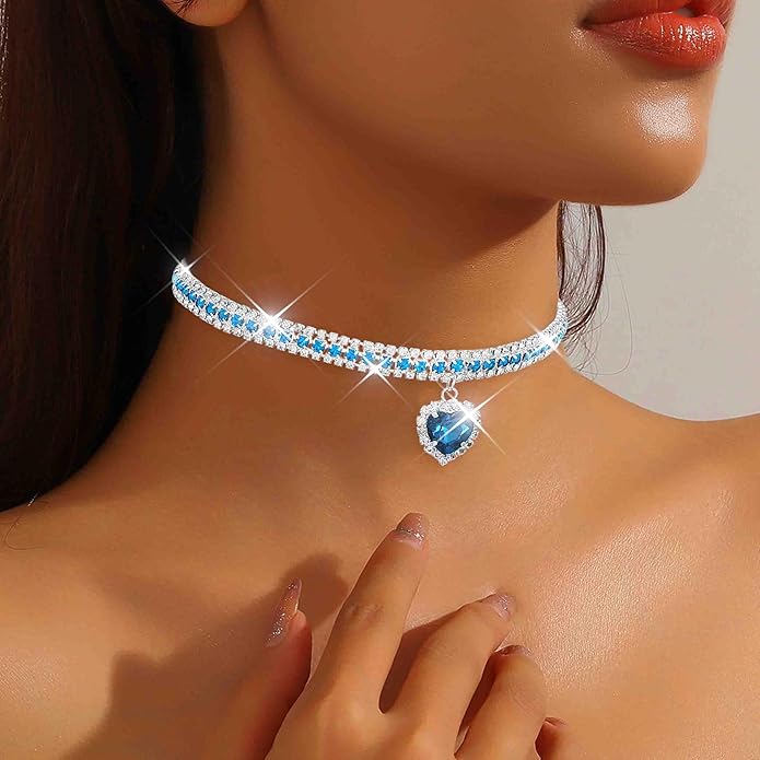 CLOACE Rhinestone Choker Necklace Heart Pendant Diamond Row Necklaces Sparkly Crystal Prom Chain Jewerly Accessories for Women